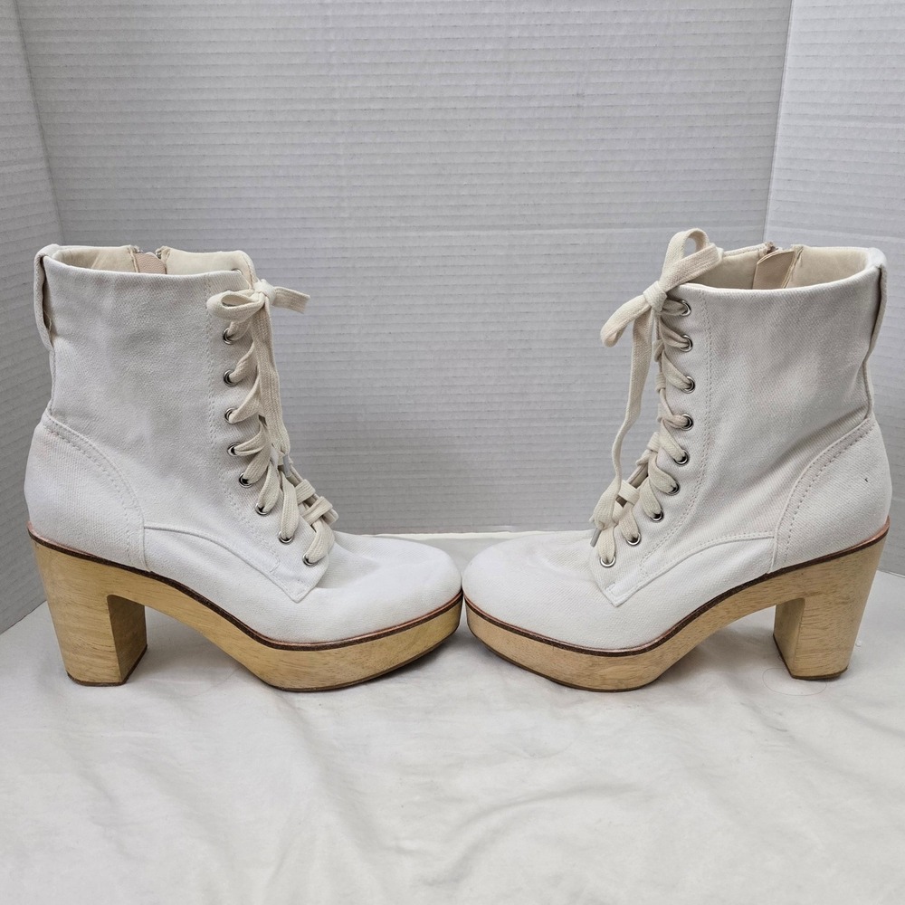 Charlotte Stone White Canvas Lace Up Platform Block Heel Boots Womens Size 9 - Picture 5 of 11
